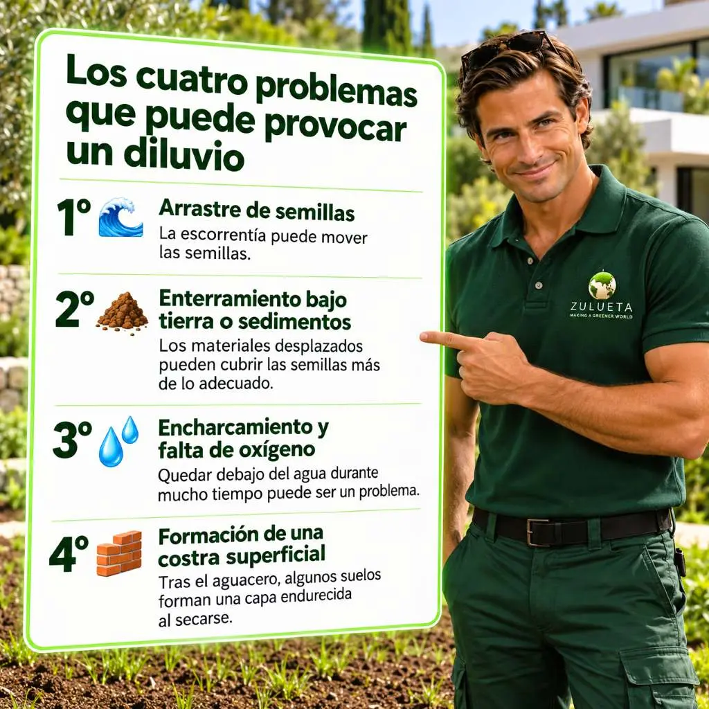 los 4 problemas diluvio sobre cesped recien sembrado